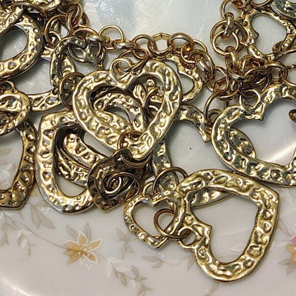 Vtg Y2K Multi-Layer Gold-Tone Necklace Hammered Heart Charms Lots of Love - Picture 5 of 6